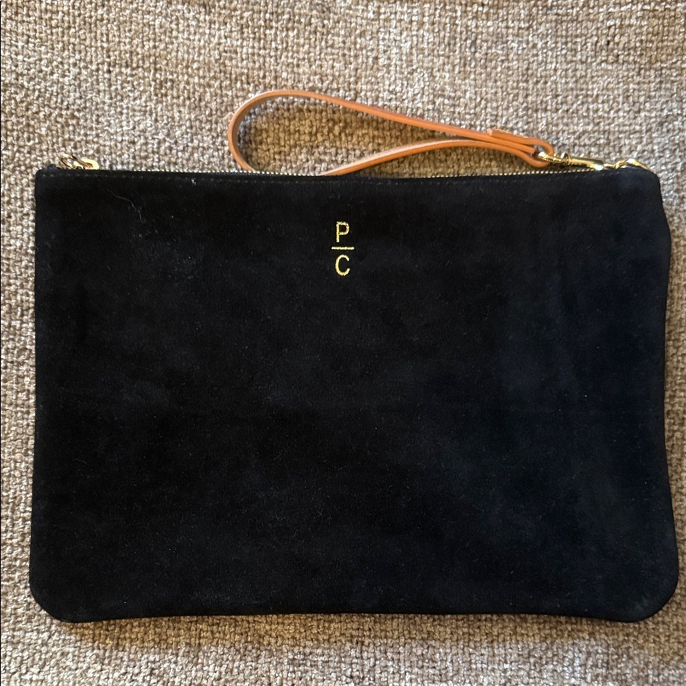 Black Suede Clutch with Tan Strap